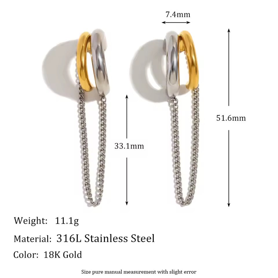 Silver Gold Double Hoop Earrings with Chain Drop