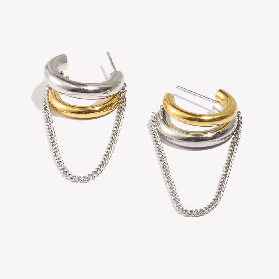 Silver Gold Double Hoop Earrings with Chain Drop