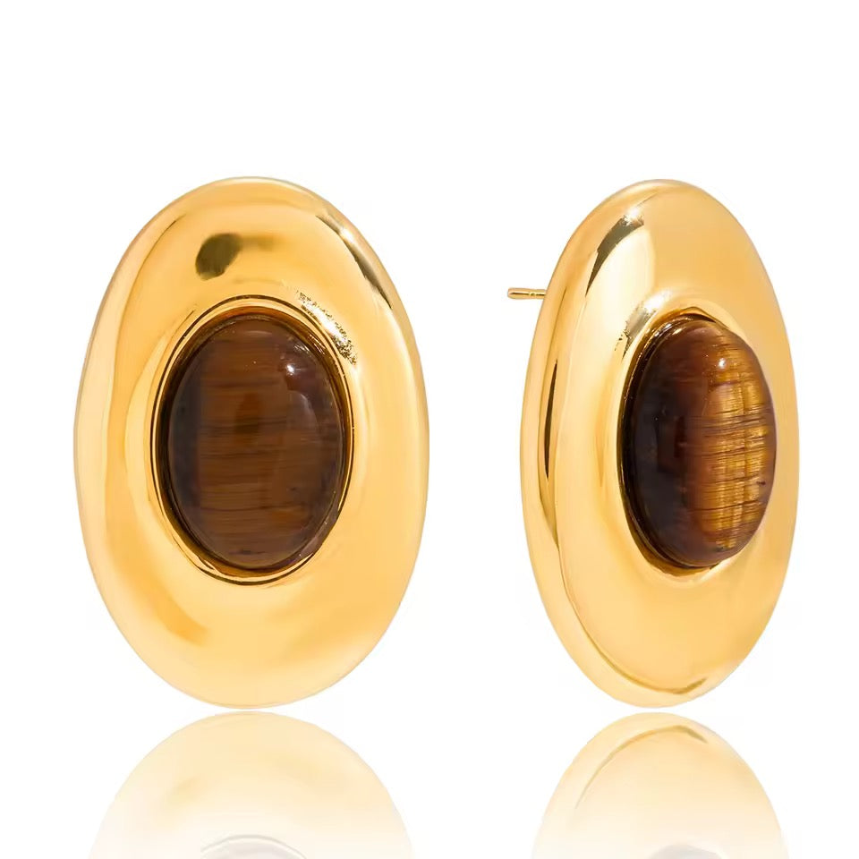 Tiger Eye Crystal Chunky Stud Earrings in 18k Gold