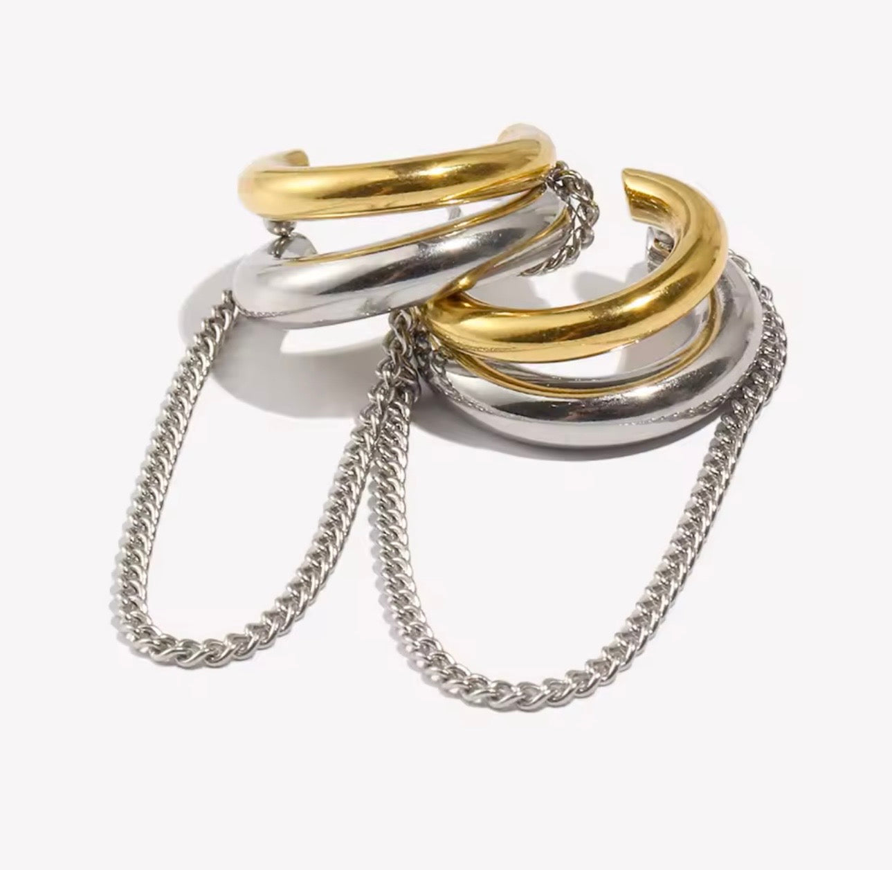 Silver Gold Double Hoop Earrings with Chain Drop