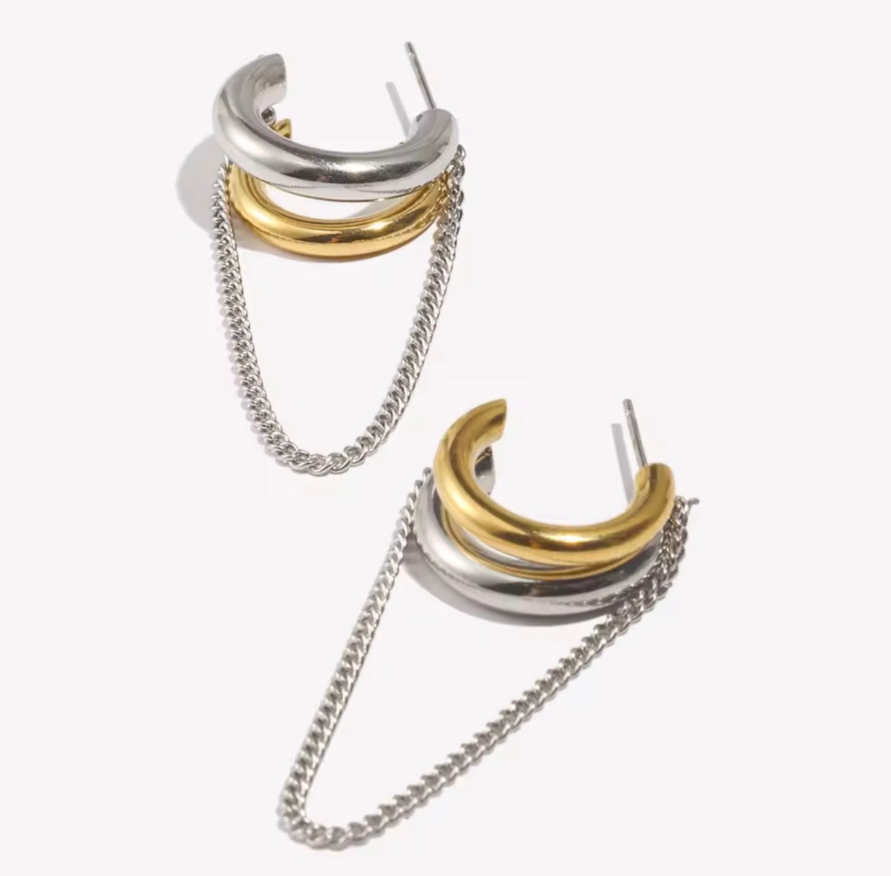 Silver Gold Double Hoop Earrings with Chain Drop
