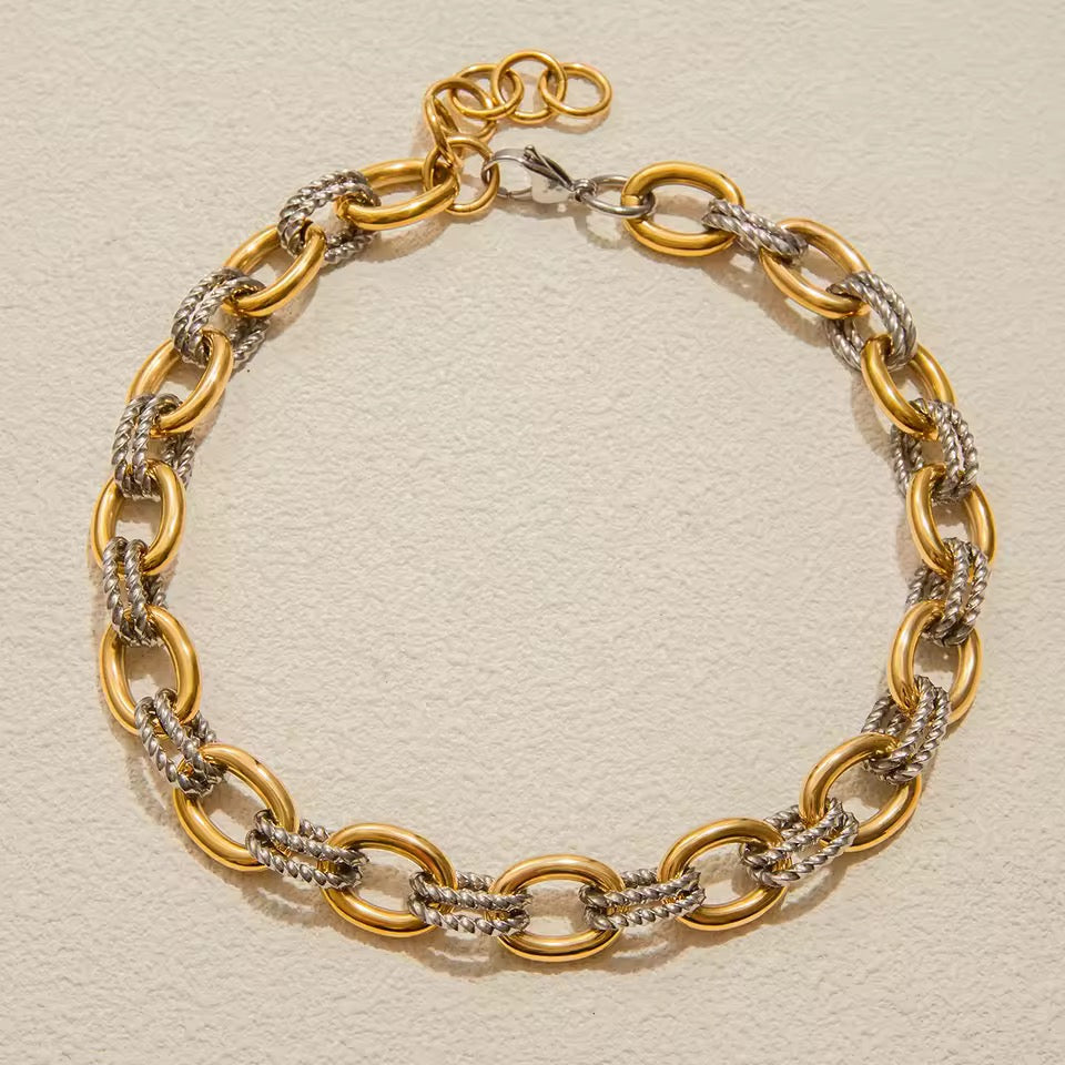 Gold Silver Textured Link Statement Necklace