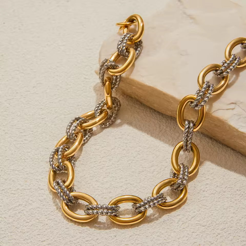 Gold Silver Textured Link Statement Necklace