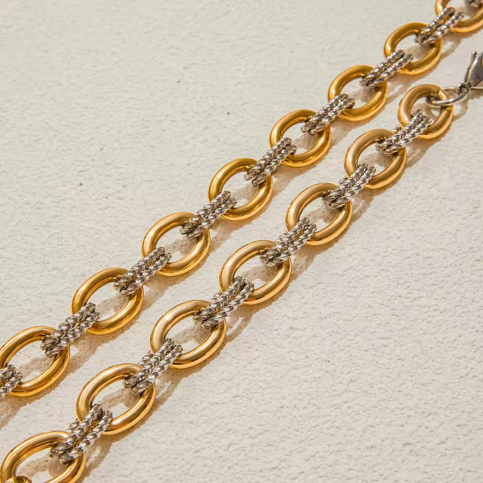 Gold Silver Textured Link Statement Necklace