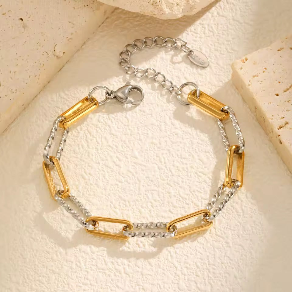 18K Gold and Silver Twist Link Paper Clip Chain Bracelet