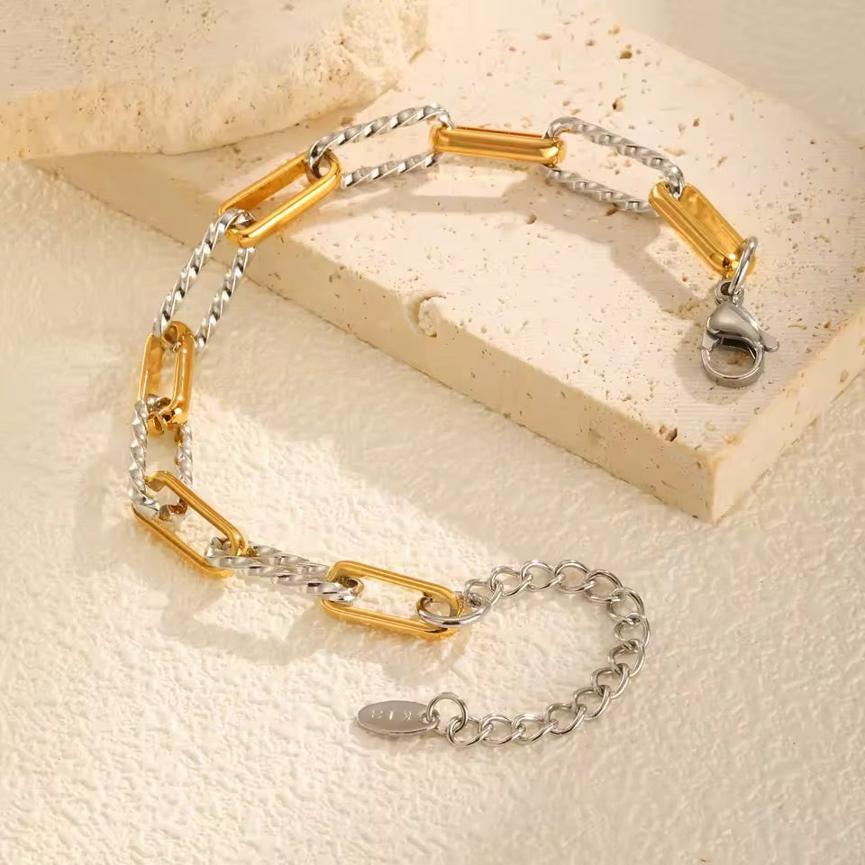 18K Gold and Silver Twist Link Paper Clip Chain Bracelet