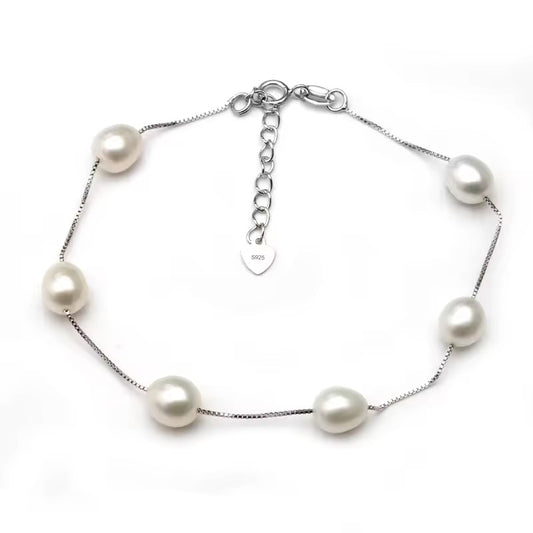 White Freshwater Pearl Station Bracelet in 925 Sterling Silver