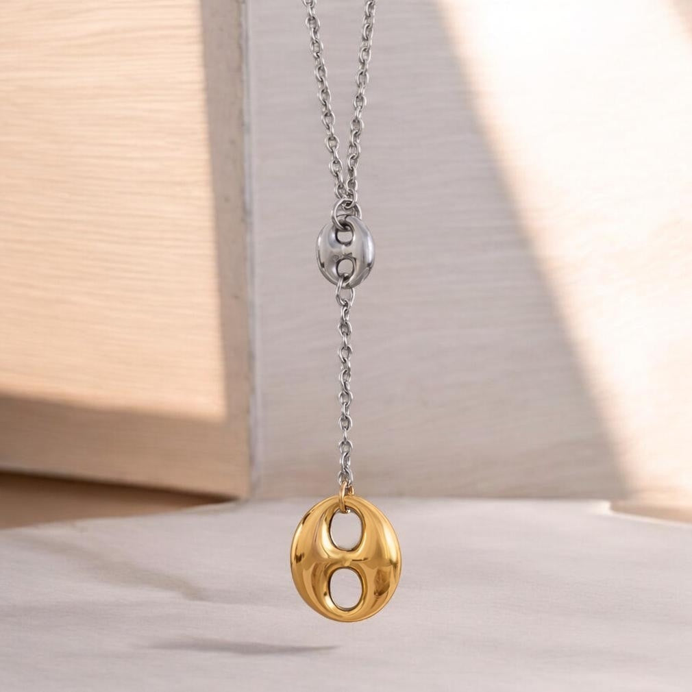 Lariat Necklace in Puffed Mariner Silver Gold Charm