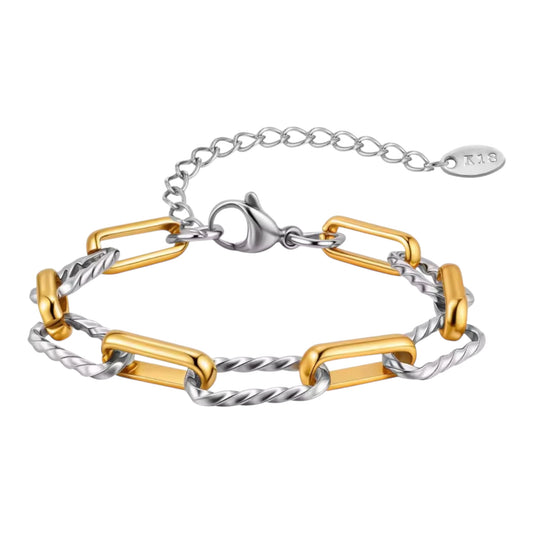 18K Gold and Silver Twist Link Paper Clip Chain Bracelet