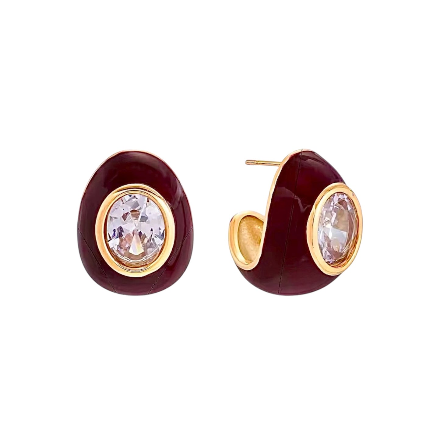 Half Hoop Earrings in Burgundy Enamel and Cubic Zirconia Accent