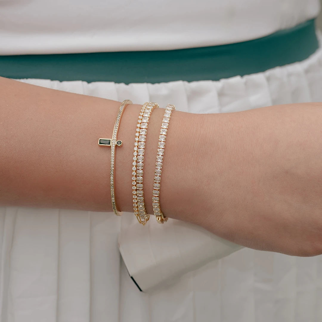 Baguette CZ Open Cuff Bracelet worn on a model's wrist, alternate pose