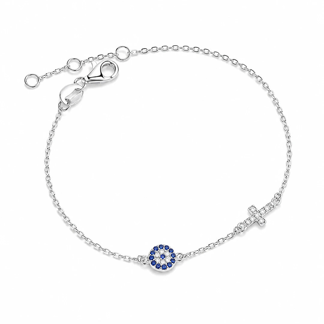 Zard Jewelry Blue CZ Round Evil Eye and Cross Charm Protection Bracelet