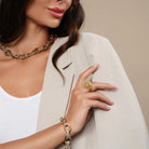 Chunky Link Chain Bracelet in Gold Silver Combination worn on a model's wrist, close-up