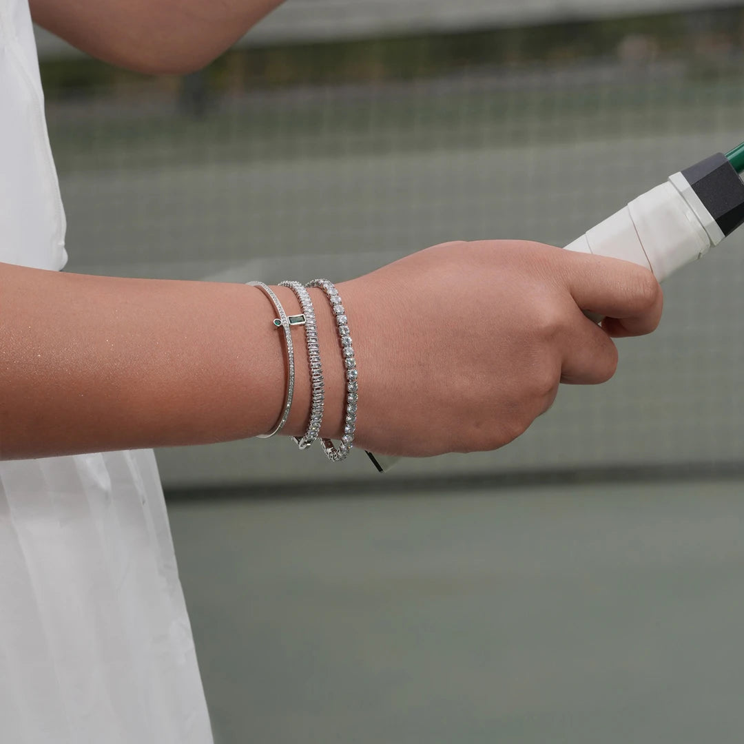 Zard Jewelry Eternity Tennis Bracelet in Classic 4 Prong 7” and 8” worn on a model's wrist