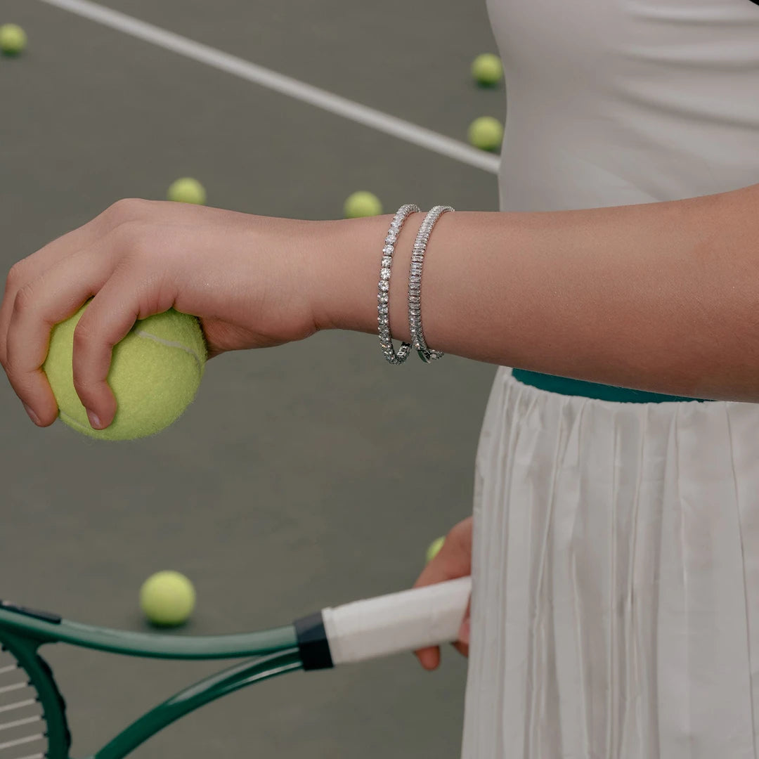 Eternity Tennis Bracelet in Classic 4 Prong 7” and 8” worn on a model's wrist, alternate pose