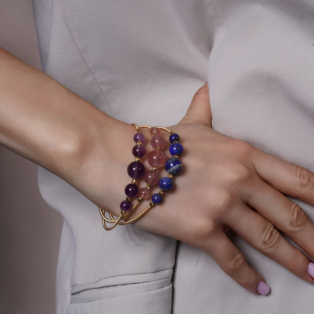 Zard Jewelry Lapis Lazuli Beaded Gold Open Wire Bracelet worn on a model's wrist