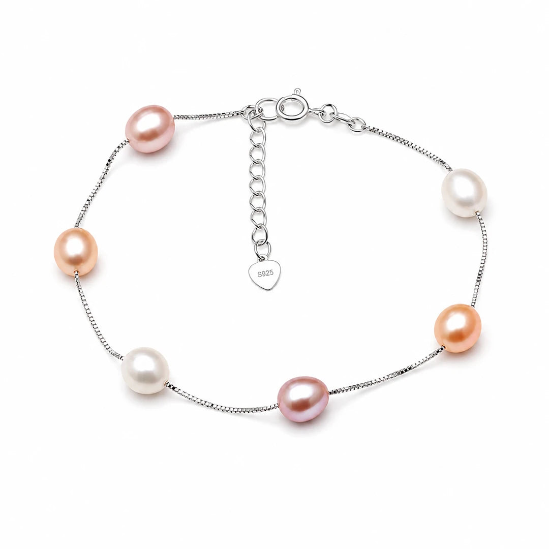 Zard Jewelry Multi-Color Freshwater Pearl Station Bracelet in 925 Sterling Silver