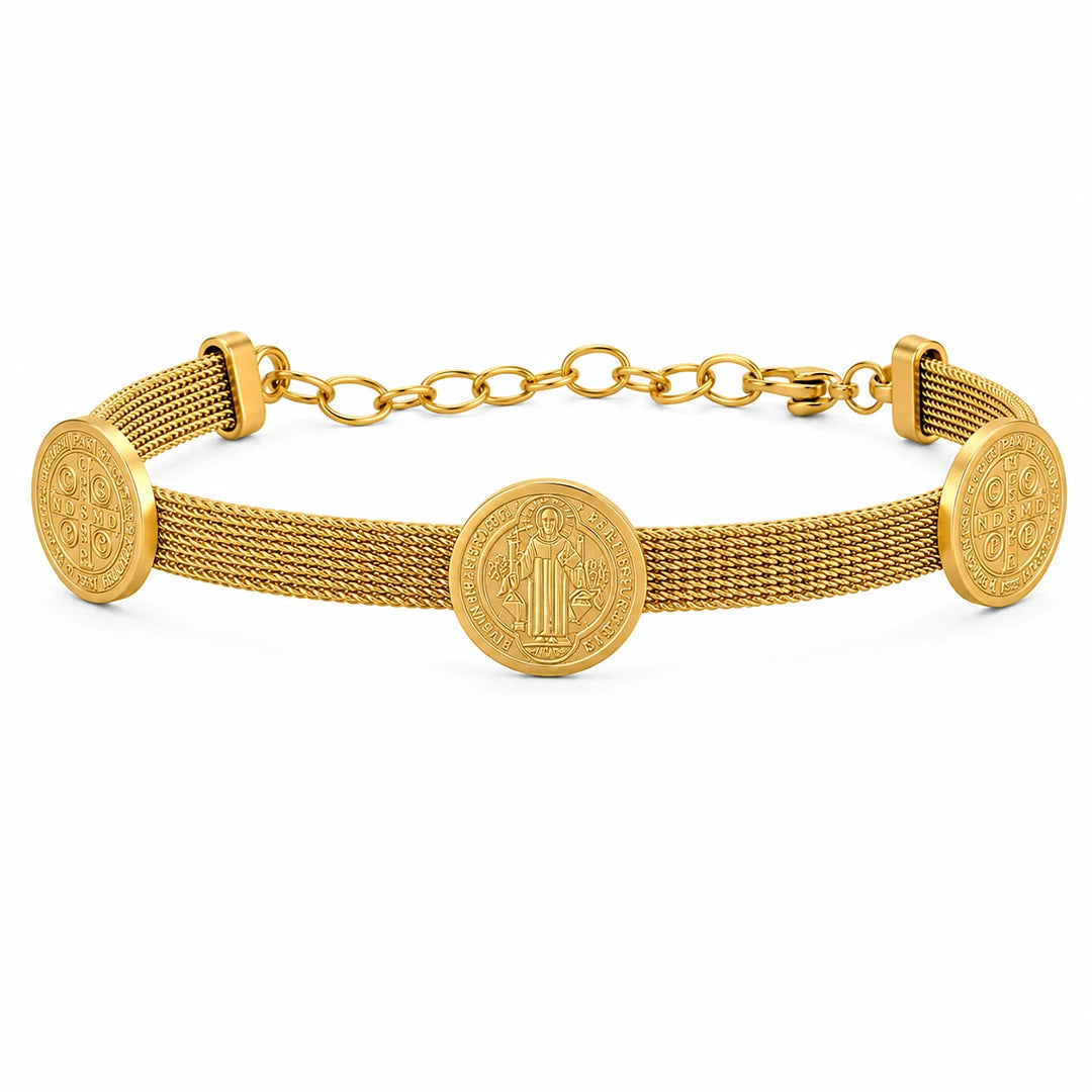 Zard Jewelry Saint Benedict Cross Charm Mesh Bracelet Silver and Gold, gold