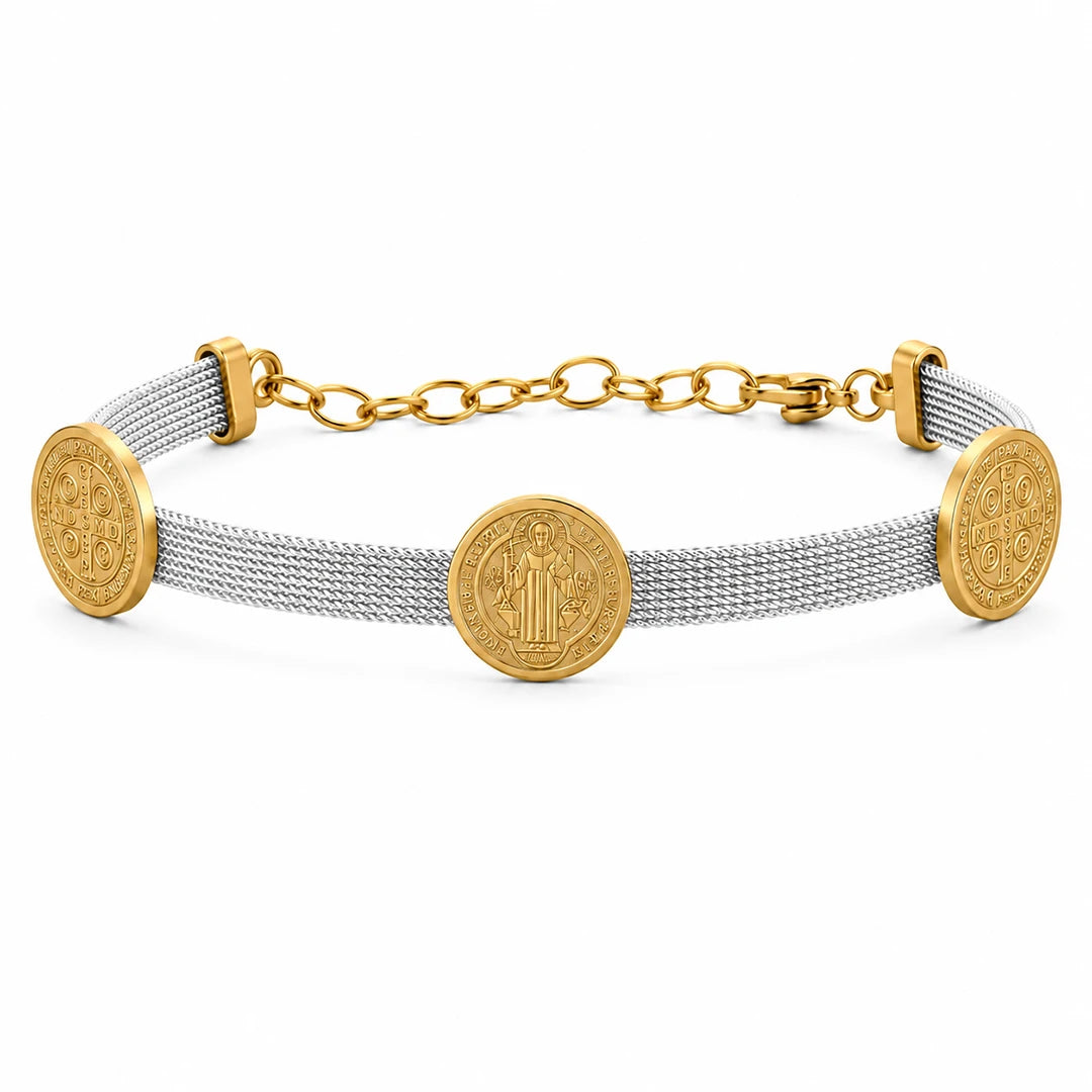 Saint Benedict Cross Charm Mesh Bracelet Silver and Gold, silver
