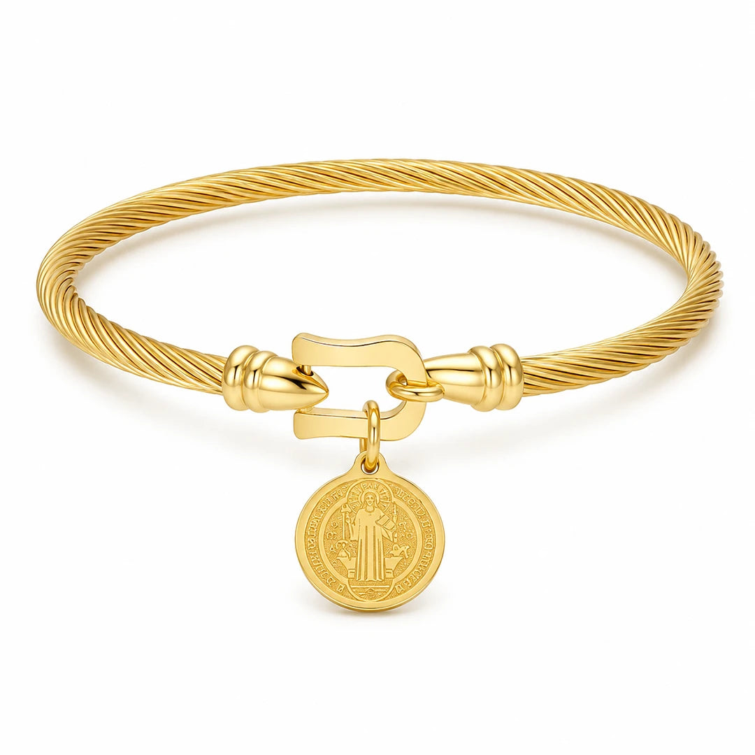 Zard Jewelry Saint Benedict Medal Charm Twisted Rope Bangle Bracelet Gold and Silver, gold