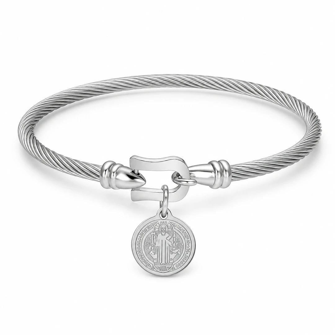 Saint Benedict Medal Charm Twisted Rope Bangle Bracelet Gold and Silver, silver