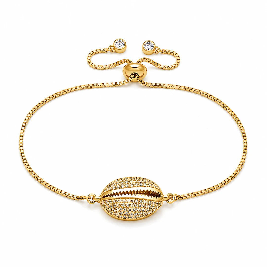Seashell Shaped Charm CZ Link Chain Bolo Bracelet, gold
