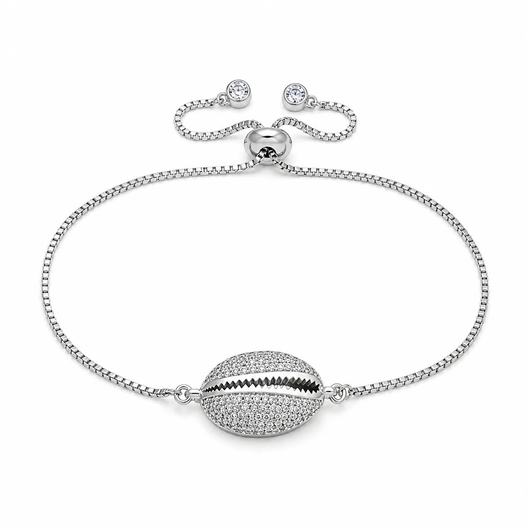 Seashell Shaped Charm CZ Link Chain Bolo Bracelet, silver