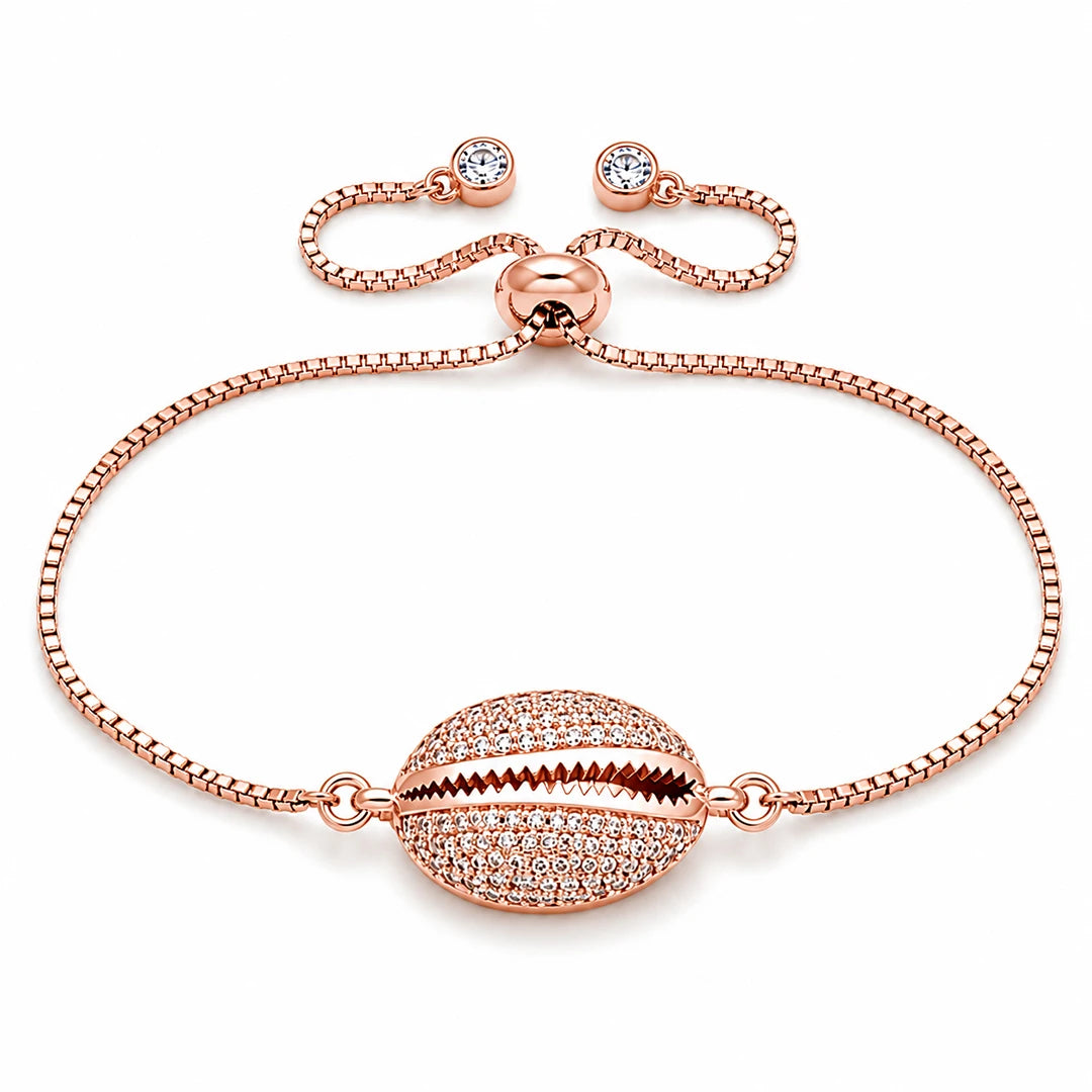 Seashell Shaped Charm CZ Link Chain Bolo Bracelet, rose gold