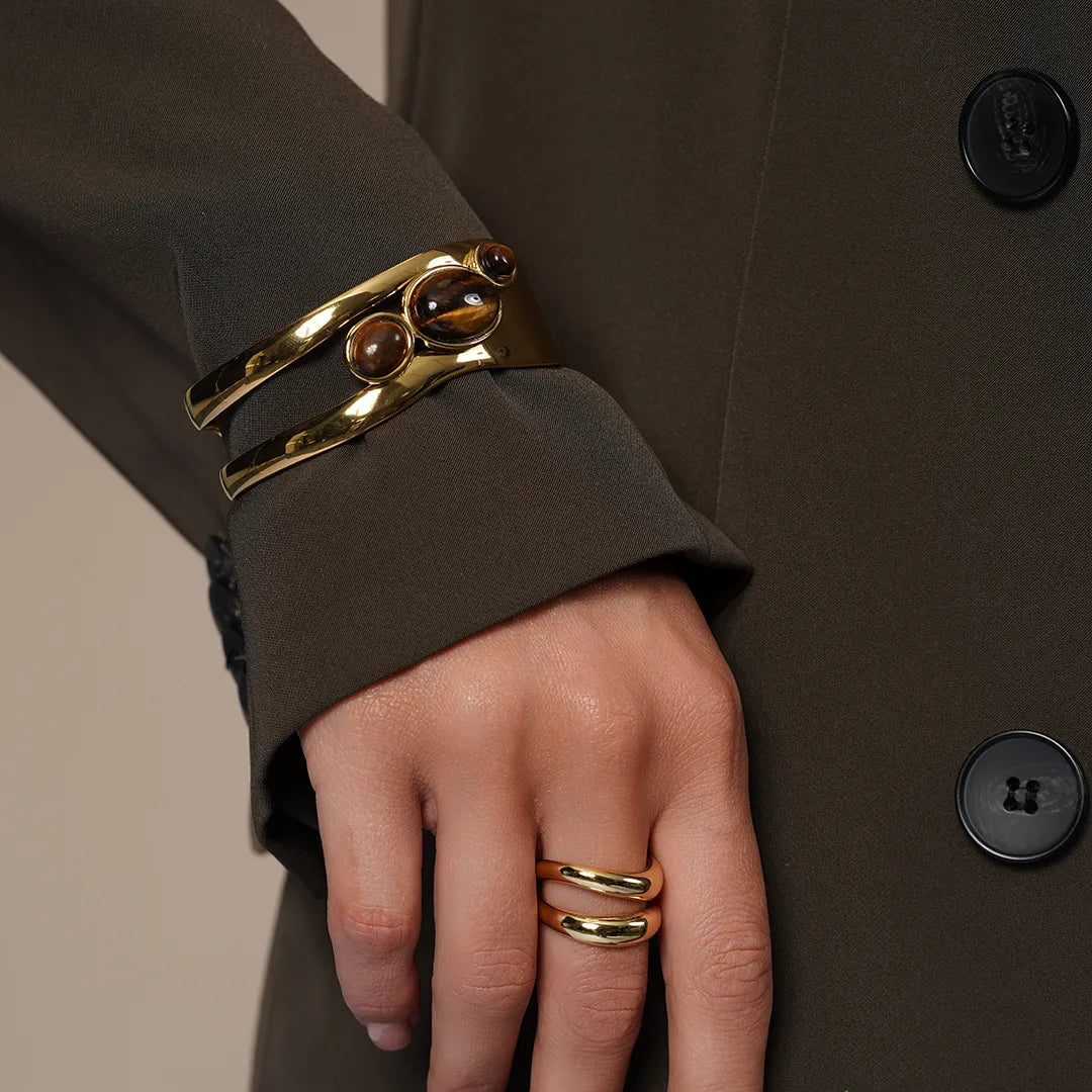 Tiger Eye Gemstone Cuff Bracelet in Gold Vermeil worn on a model's wrist, alternate pose