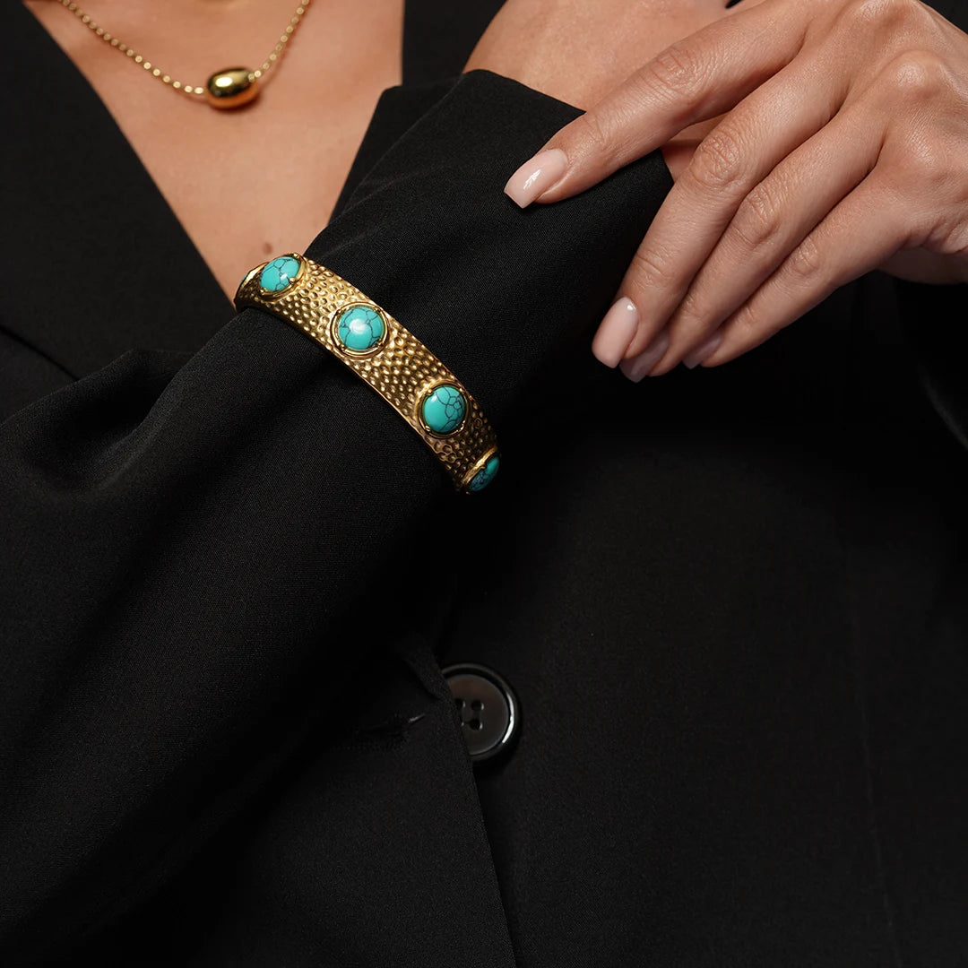 Turquoise Gemstone Cuff Bangle Bracelet worn on a model's wrist
