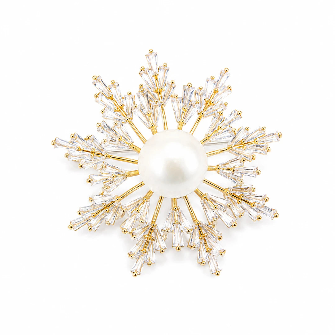 Zard Jewelry Christmas Snowflake Brooch in Pearl and CZ Accent