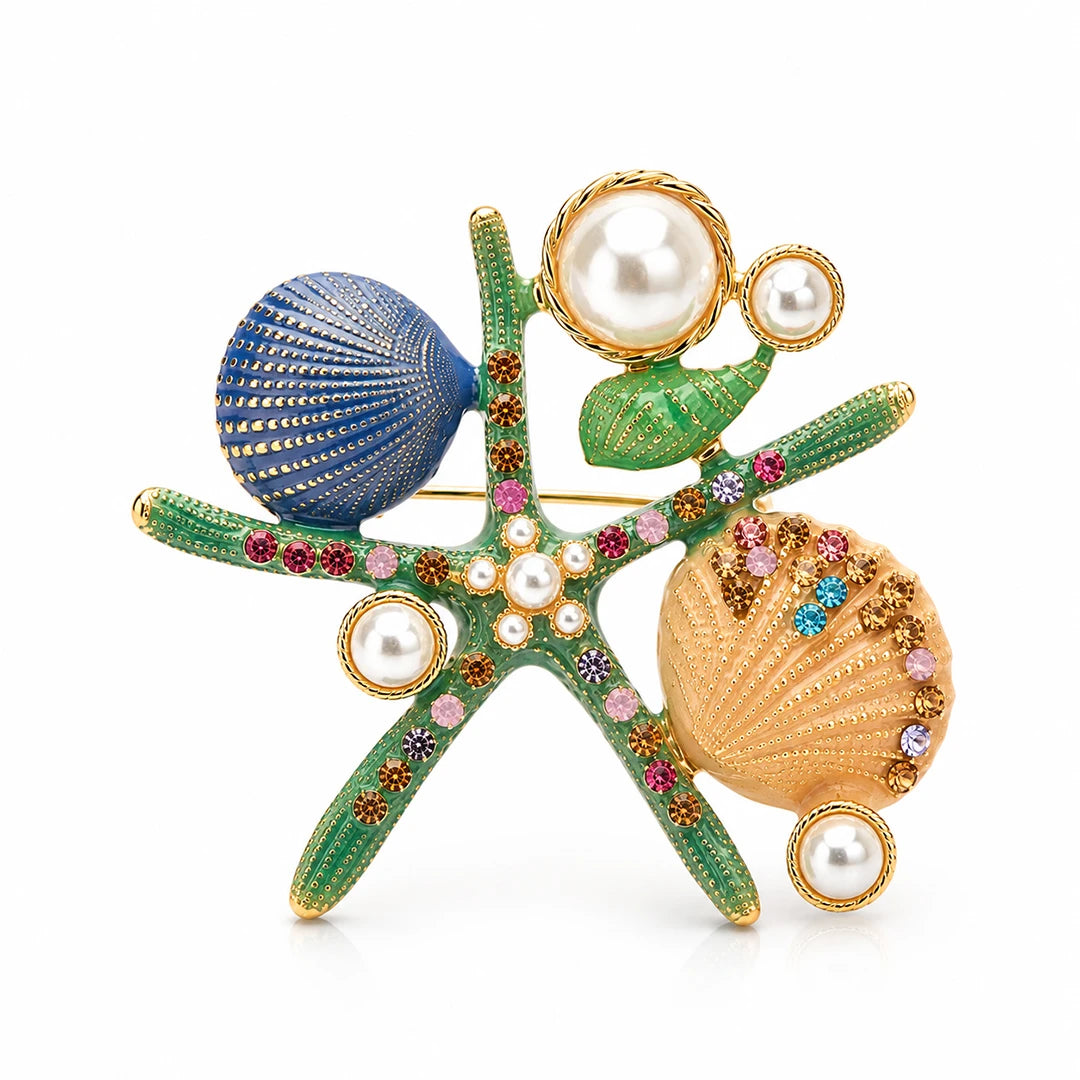 Zard Jewelry Colorful Starfish & Seashell Brooch Pendant with Pearl Accents