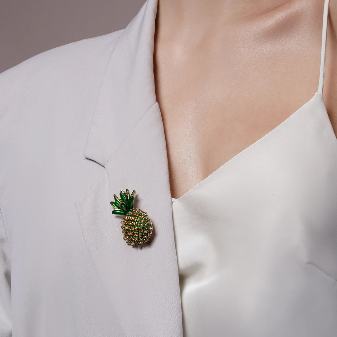 Crystal Pineapple Brooch Pin pinned to a model's outfit