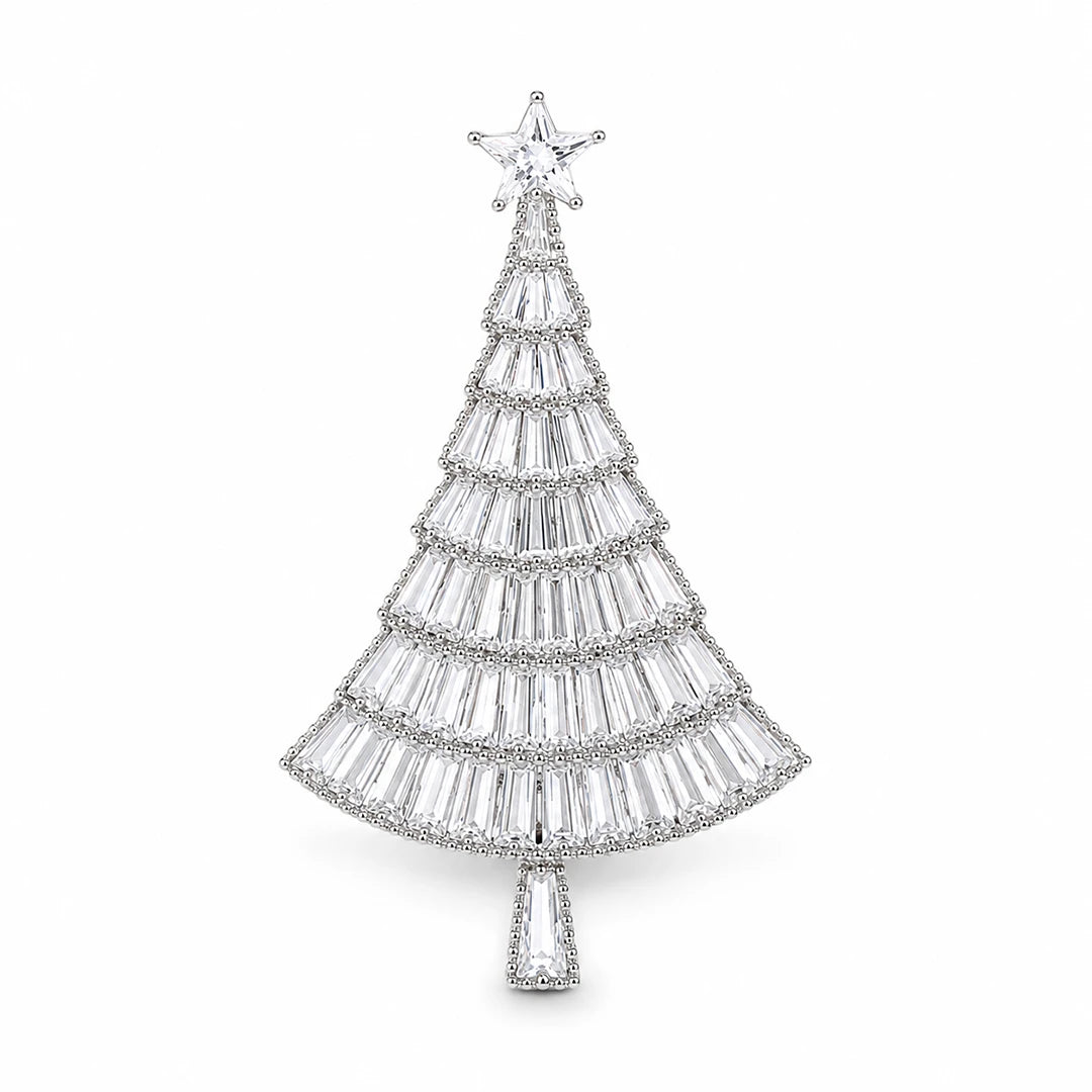 Zard Jewelry CZ Christmas Tree Star Brooch Silver