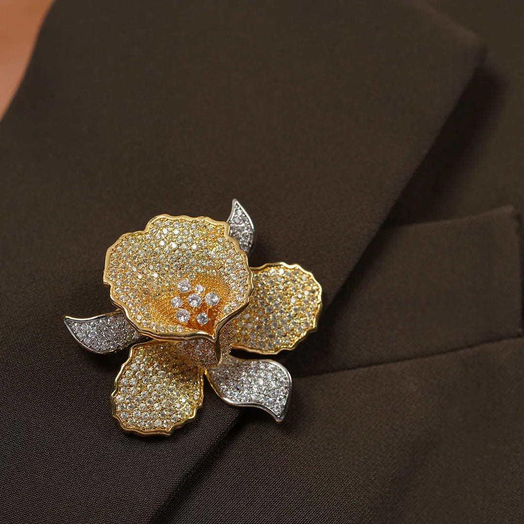 CZ Flower Brooch Pin pinned to a model's outfit, alternate pose