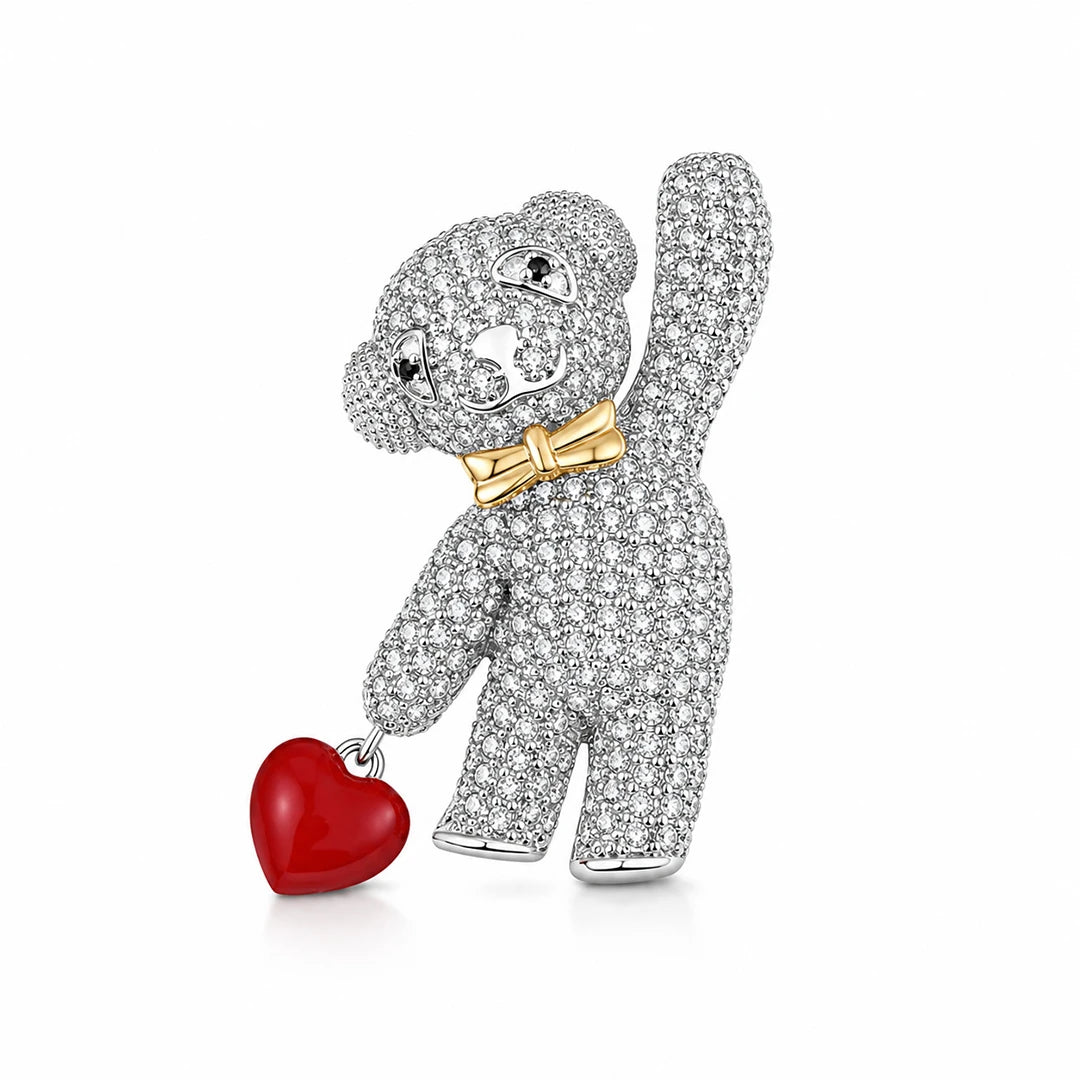 Zard Jewelry CZ Teddy Bear Brooch with Red Heart