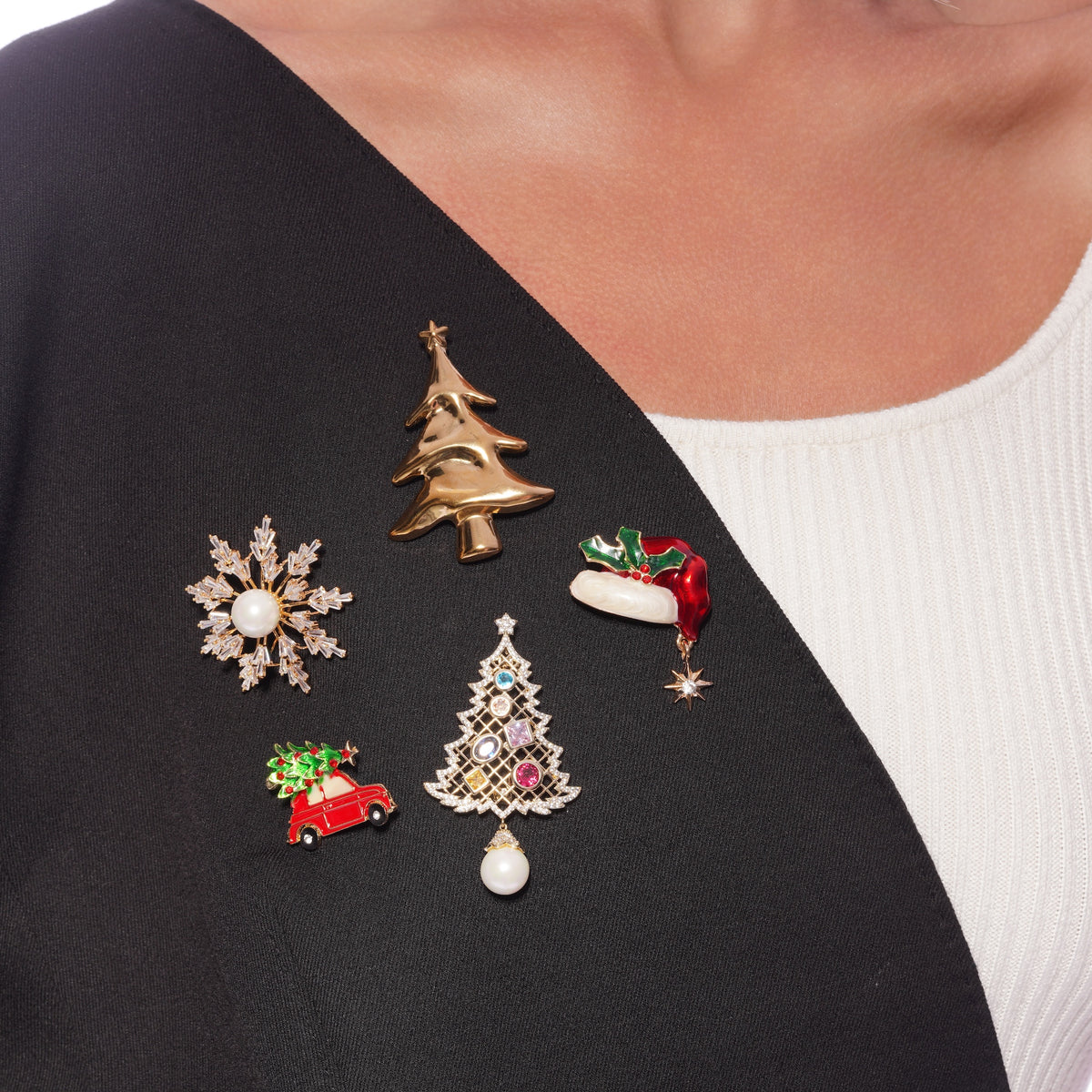 Gold Metallic Christmas Tree Brooch pinned to a model's outfit