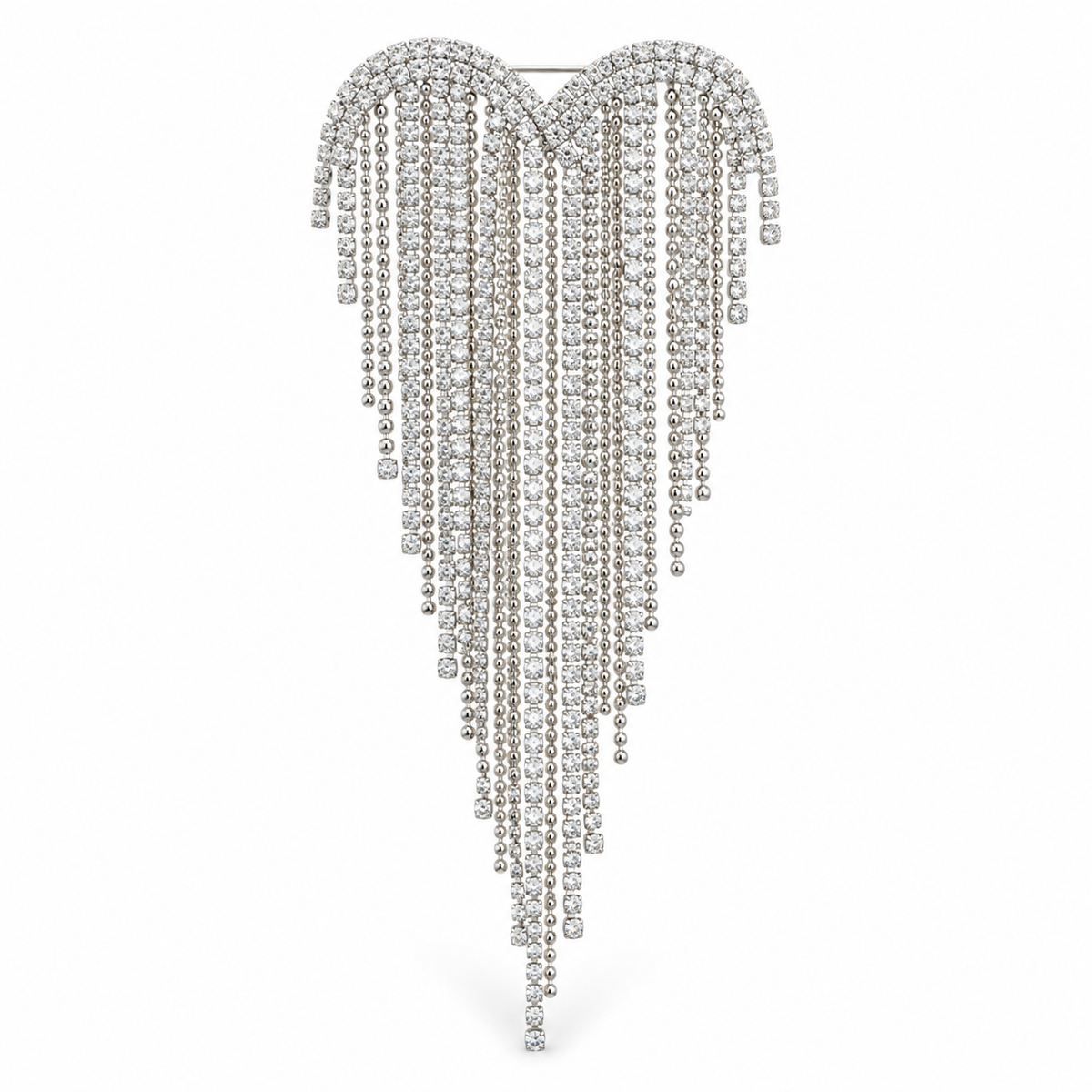 Heart Rhinestone Fringe Tassel Statement Brooch, silver