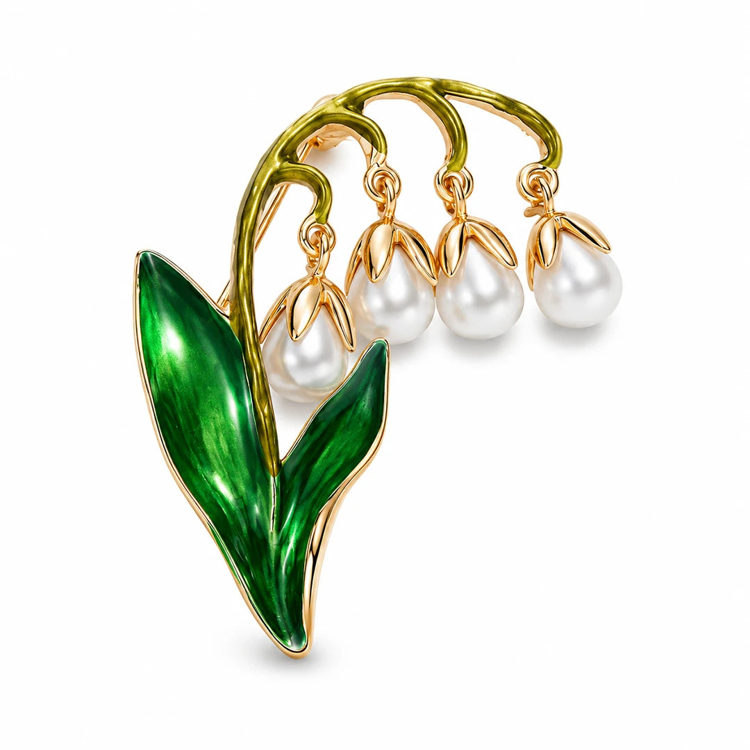 Zard Jewelry Lily of the Valley Flower Brooch with Dangling Pearl Accent