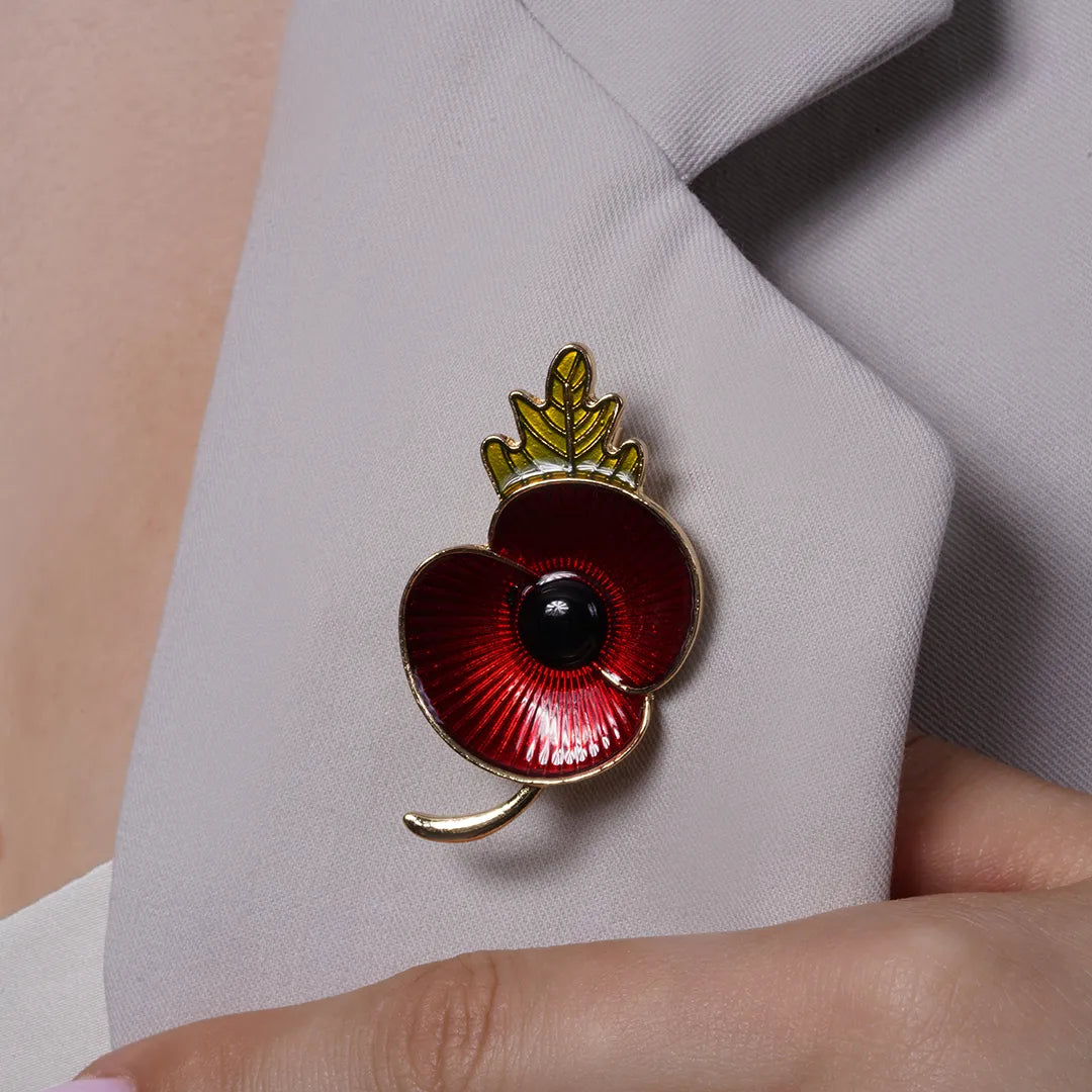 Red Enamel Poppy Flower Brooch Pin pinned to a model's outfit, alternate pose