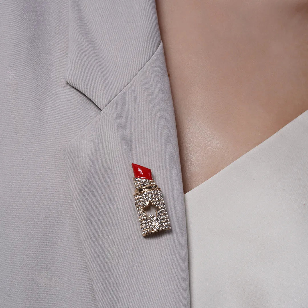 Red Lipstick Brooch in Crystal Rhinestone Accent pinned to a model's outfit