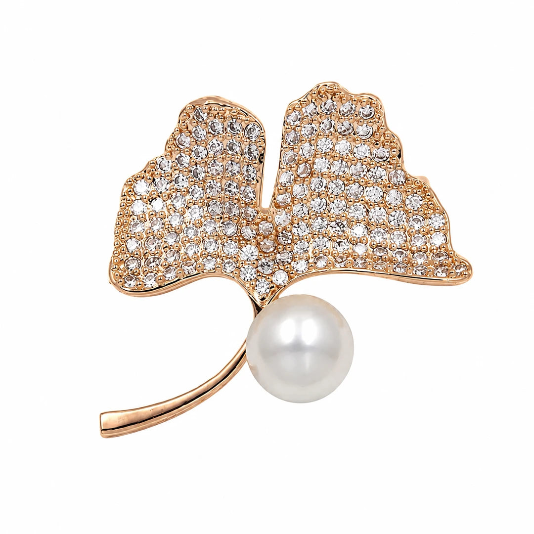 Zard Jewelry Rose-Gold Ginkgo Leaf Pin Brooch with CZ and Pearl
