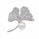 Zard Jewelry Silver Ginkgo Leaf Pin Brooch with CZ and Pearl