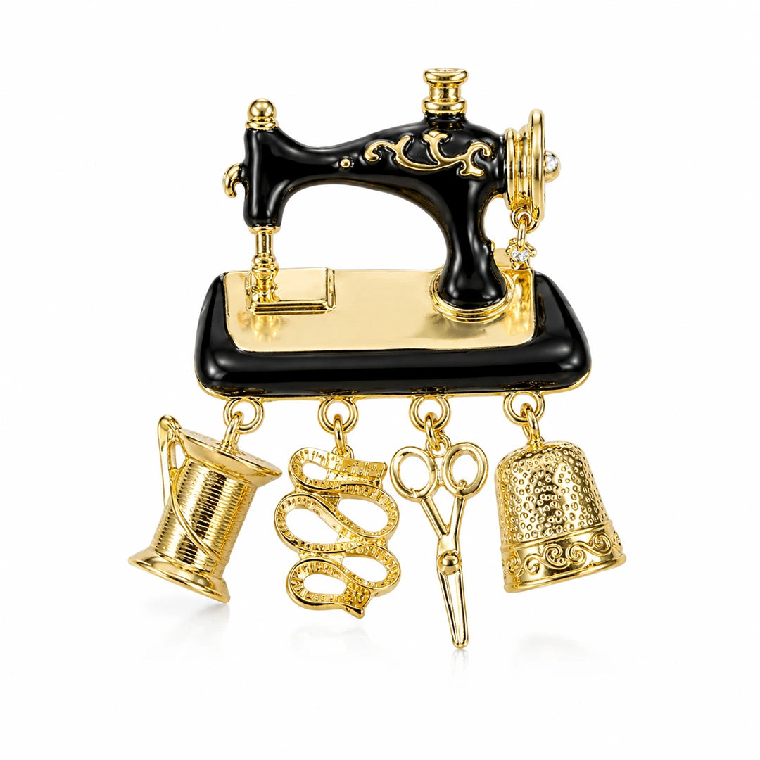 Zard Jewelry Vintage Sewing Machine Brooch Pin with Dangling Sewing Charms