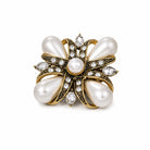Vintage-style brooch with large white pearls and gold-tone metalwork accented with clear crystals
