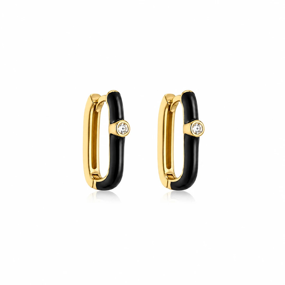 Zard Jewelry Black Enamel Oval Huggie Hoop Earrings with CZ Accent