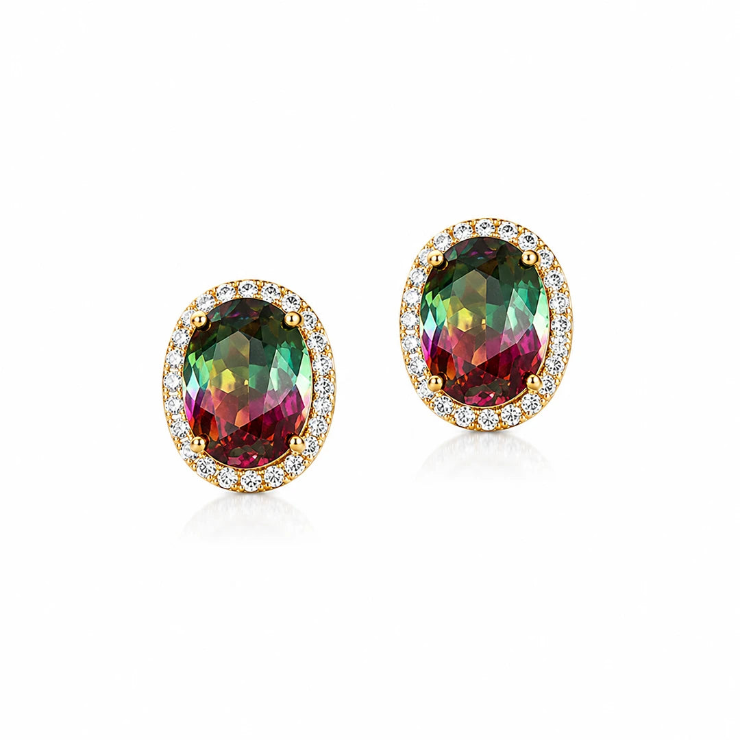 Blue Ombre CZ Halo Stud Earring, red and green
