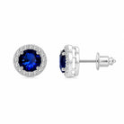Blue Round-Cut Cubic Zirconia Halo Stud Earrings, close-up detail view