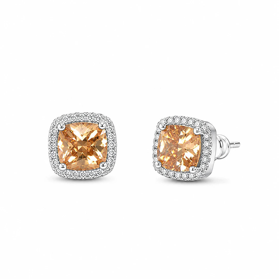 Zard Jewelry Champagne CZ Cushion-Cut Halo Stud Earrings