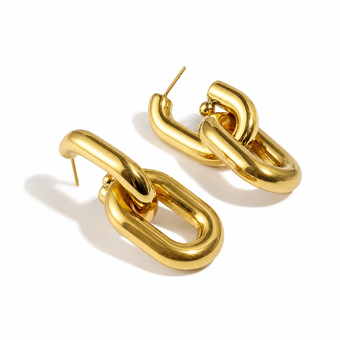 Chunky Oval Double Link Drop Earrings In 18K Gold, close-up detail view